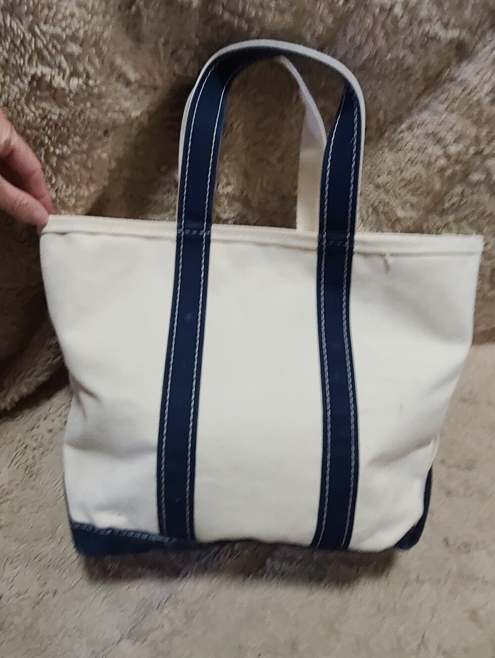 L.L. Bean Cream Canvas Boat Tote with Navy Stitching, Zip Close - Picture 7 of 9